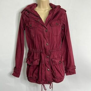 Talula Trooper Aritzia burgundy full zip pocketed utility jacket